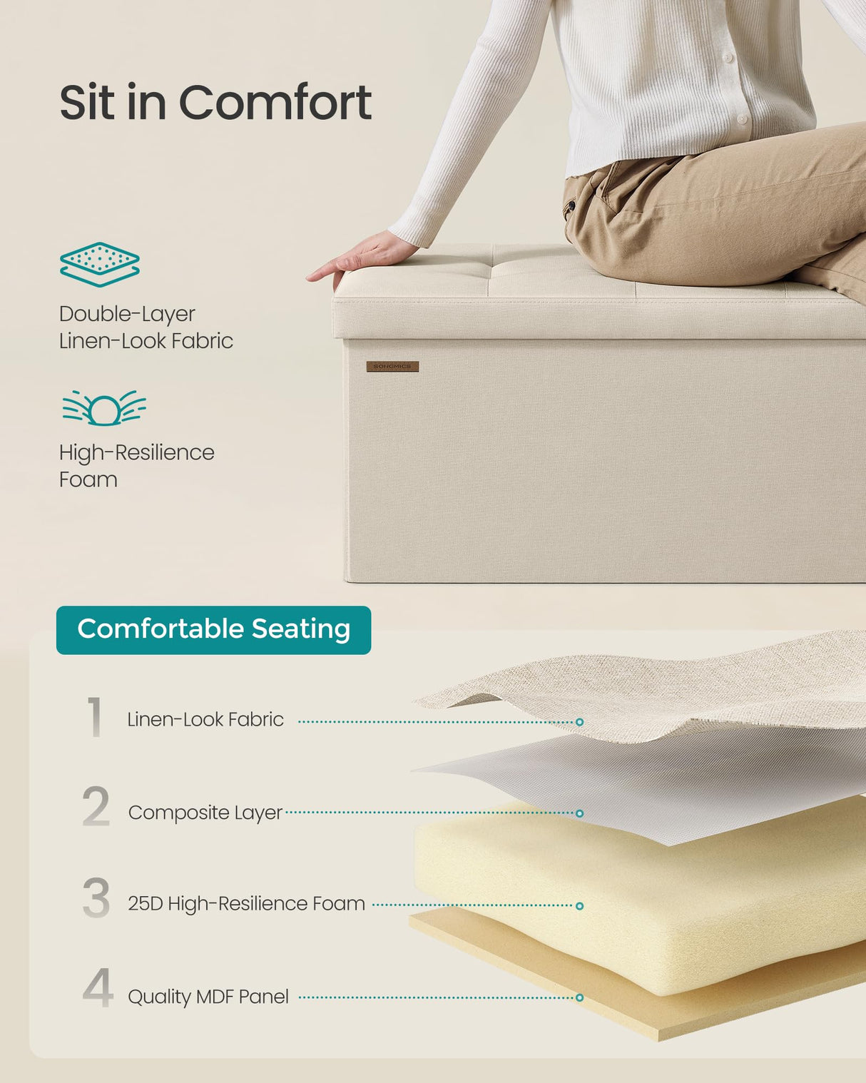 SONGMICS Mazie Collection - 30 Inches Folding Storage Ottoman Bench, Ottoman Foot Rest, End of Bed Bench, Storage Chest, Load 660 lb, for Living Room, Bedroom, Entryway, Cream White ULSF47BE SONGMICS