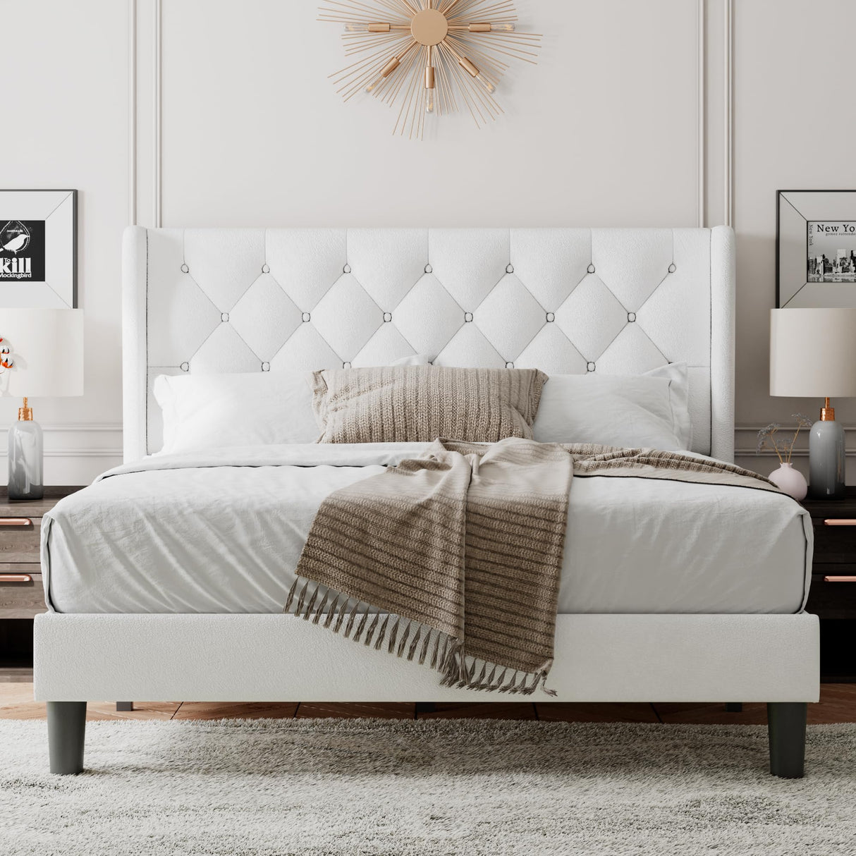 Feonase Queen Size Bed Frame with Diamond Tufted Wingback Headboard, Upholstered Platform Bed, Sturdy Wooden Slats Support, Noise-Free, No Box Spring Needed, Easy Assembly, White Feonase