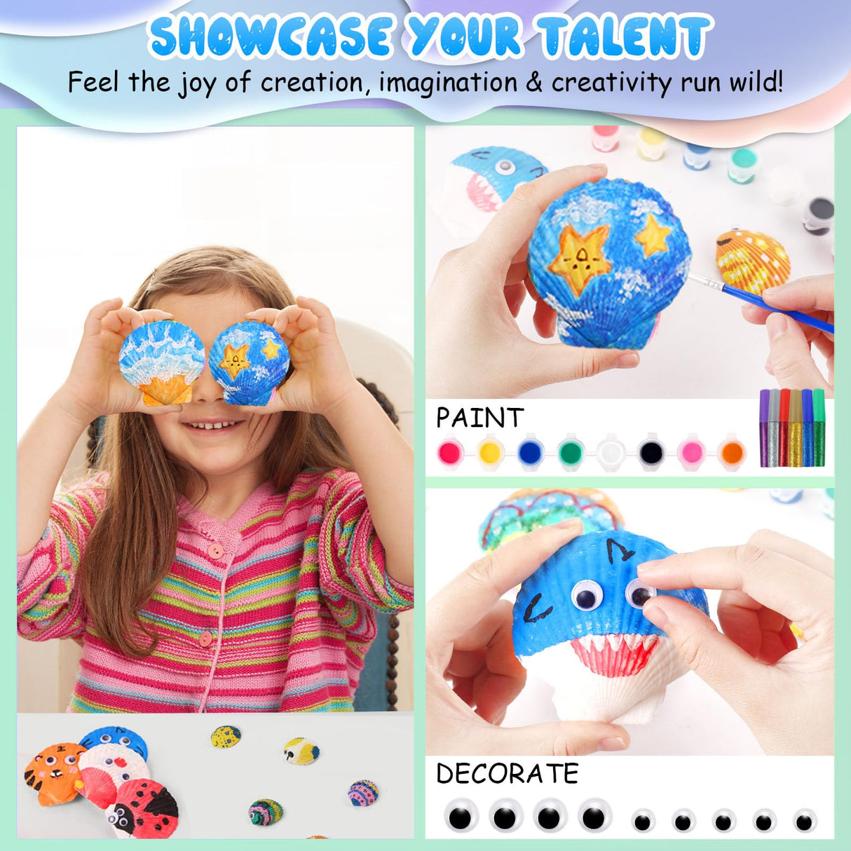 Kids Sea Shell Painting Kit, Arts & Crafts Gifts for Boys Girls, DIY Creative Activity Art Toys with Refrigerator Magnets, Kids Christmas Birthday Gifts Children Toys for Ages 5 6 7 8 9 10 Year Olds WODEER