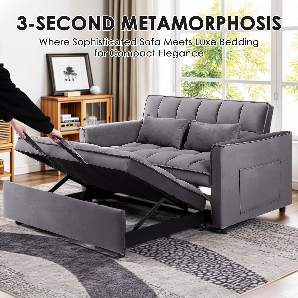 tiramisubest Sleeper Sofa Bed,55'' Convertible Pull Out Couch With Side Pockets,Velvet Fabric Loveseat Sleeper Sofa with Adjustable Backrest for Living Room,Bedroom,Apartment and Small Space, DarkGrey tiramisubest