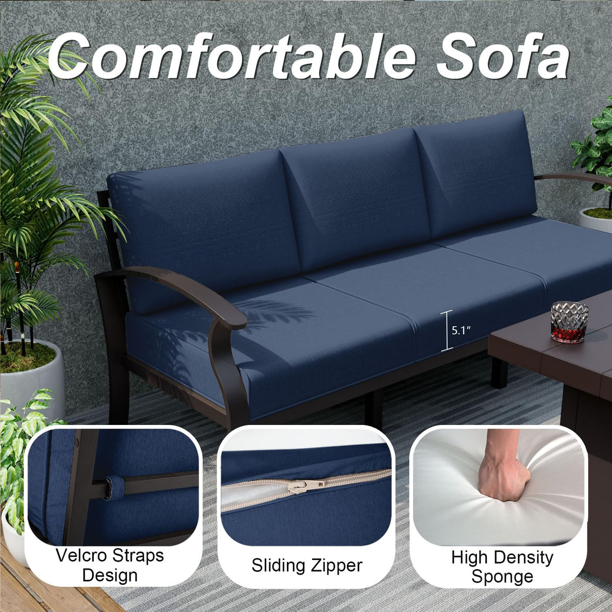 ALAULM Aluminum Patio Furniture Set with Propane Fire Pit Table 5-seat Metal Outdoor Furniture w/Fire Pit Patio Sectional Sofas w/5.3" Cushions for Patio, Backyard, Poolside-Dark Blue ALAULM