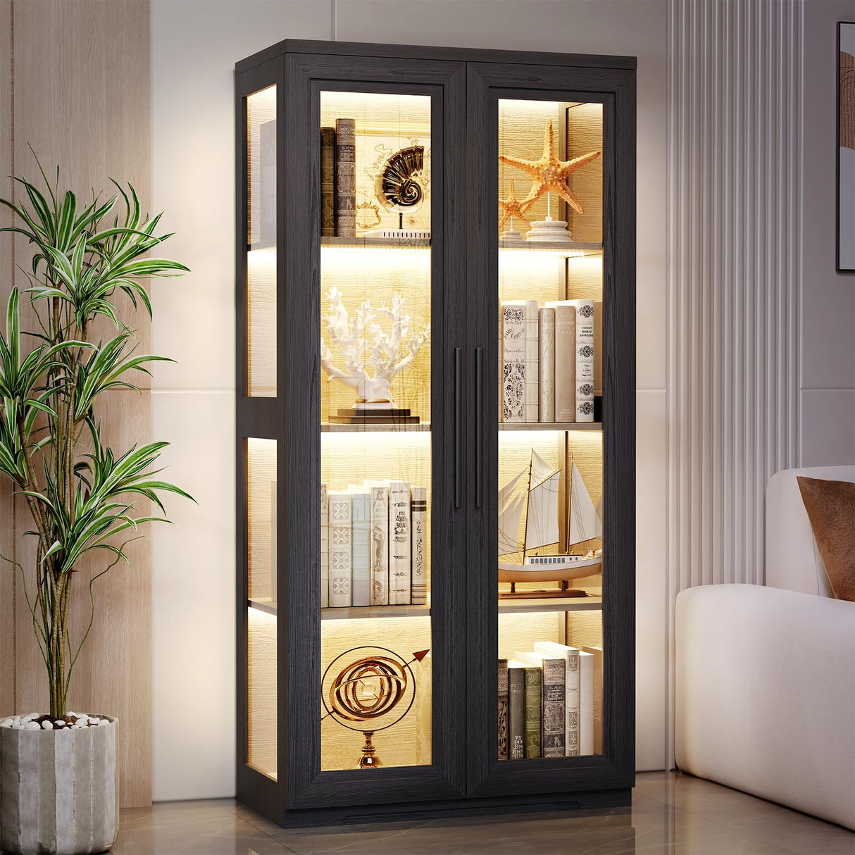 BROTTAR Display Cabinet with Glass Doors, Curio Cabinet with 4 Shelves for Collectibles, Bookcase with 3 Color LED Lights and Human Body Sensing, Glass Storage Cabinet with Buffer Hinge, Black BROTTAR
