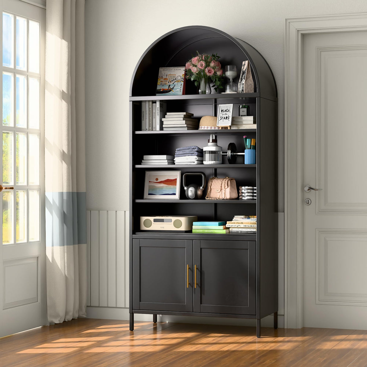 VEXPOR 79 in Tall Metal Arched Bookcase, 6-Tier Arched Bookcase with Doors, Modern Farmhouse Bookshelf with 3 Adjustable Shelves, Pantry Display Cabinet for Living Room, Black, Assembly Required VEXPOR