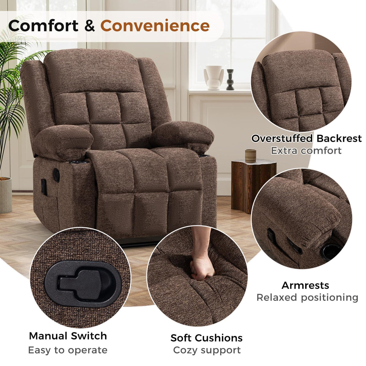 HAOMARKETS Classic Manual Recliner with Massage and Heat for Adults, Breathable Fabric Recliners with Two Cup Holders, Overstuffed Heavy Duty Reclining for Living Room, Brown HAOMARKETS