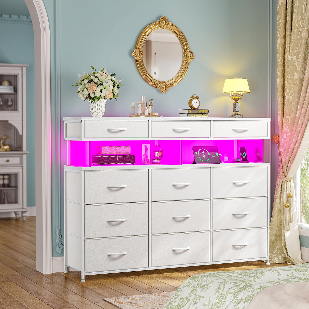 Dresser for Bedroom with Charging Station and LED Lights Dressers & Chest of Drawers with 12 Fabric Drawers Organizer with 10MM Thick Acrylic Sheet for Living Room, White Romorgniz