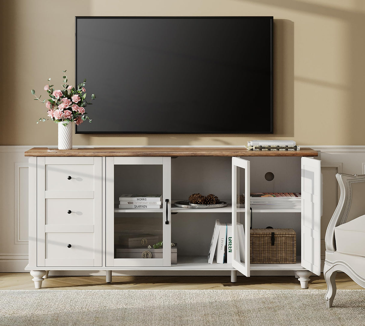 WAMPAT 4-Door Farmhouse TV Stand for TVs Up to 75 inch, Glass and Wood Universal TV Stand with 4 Storage Cabinets, White Entertainment Center for 32-75 inch TV Console Table,White WAMPAT