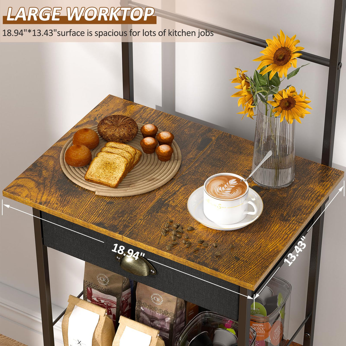 5 Tier Coffee Bar Station with Drawer, Coffee Stand with 4 S-Shaped Hooks, Farmhouse Corner Coffee Bar Cabinet for Small Spaces, Bakers Rack for Kitchen, Living Room, 13.43"D x 18.93"W x 53.31"H DAOUTIME