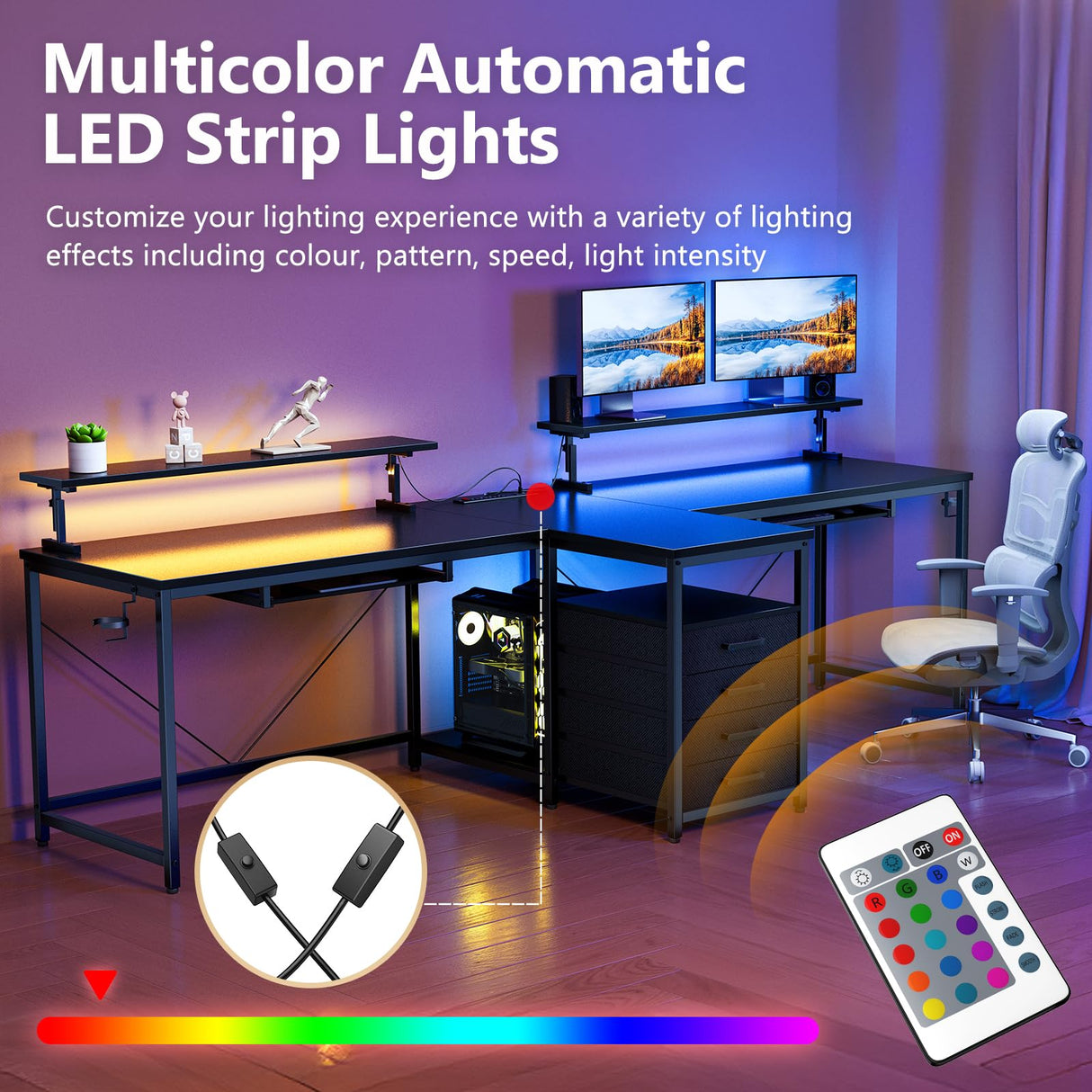 DOMICON 2 Person Desk with Power Outlet & LED Lights, Extra Long 94.5 Inch Computer Desk with Storage Shelves and Monitor Stand for Home Office, Double Gaming Desk, Black DOMICON