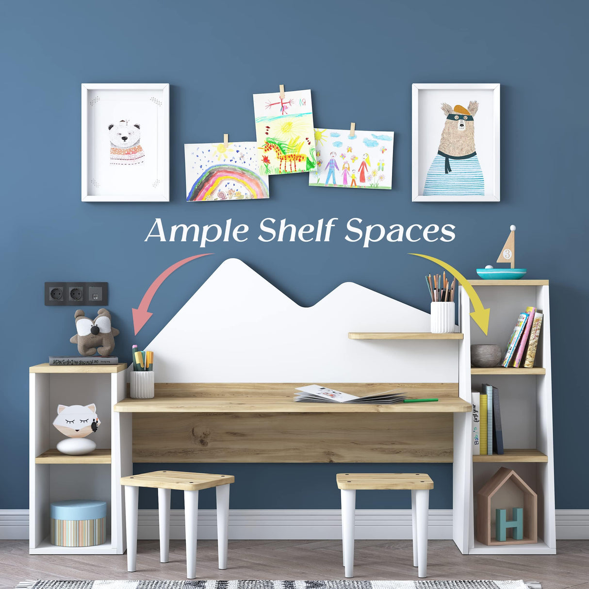 LAWA FURNITURE Kid's Study Desk with Bookshelf + 2 Stools for Ages 3-8, Wooden Children Activity Table with Hutch and Shelves, Kids Bedroom Study Desk with Storage LAWA FURNITURE
