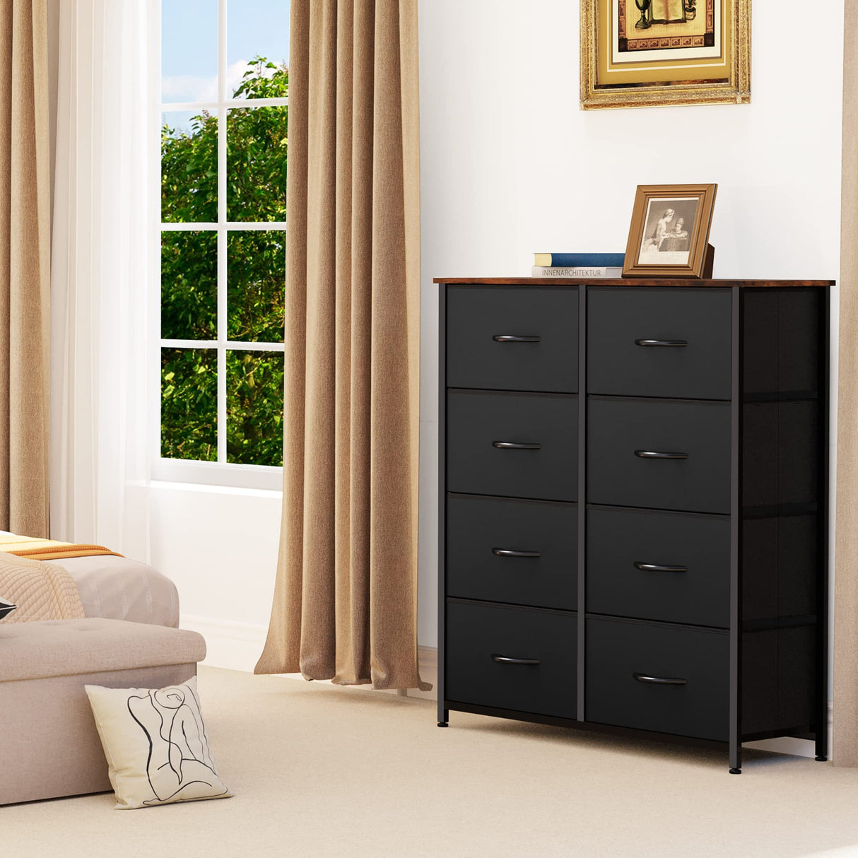 DWVO Dresser for Bedroom, Fabric Dresser with 8 Drawers, Tall Dresser, Double Dresser, Chest of Drawers for Closet, Living Room, Sturdy Steel Frame, Wooden Top, Easy Pull Handle, Black Ash DWVO