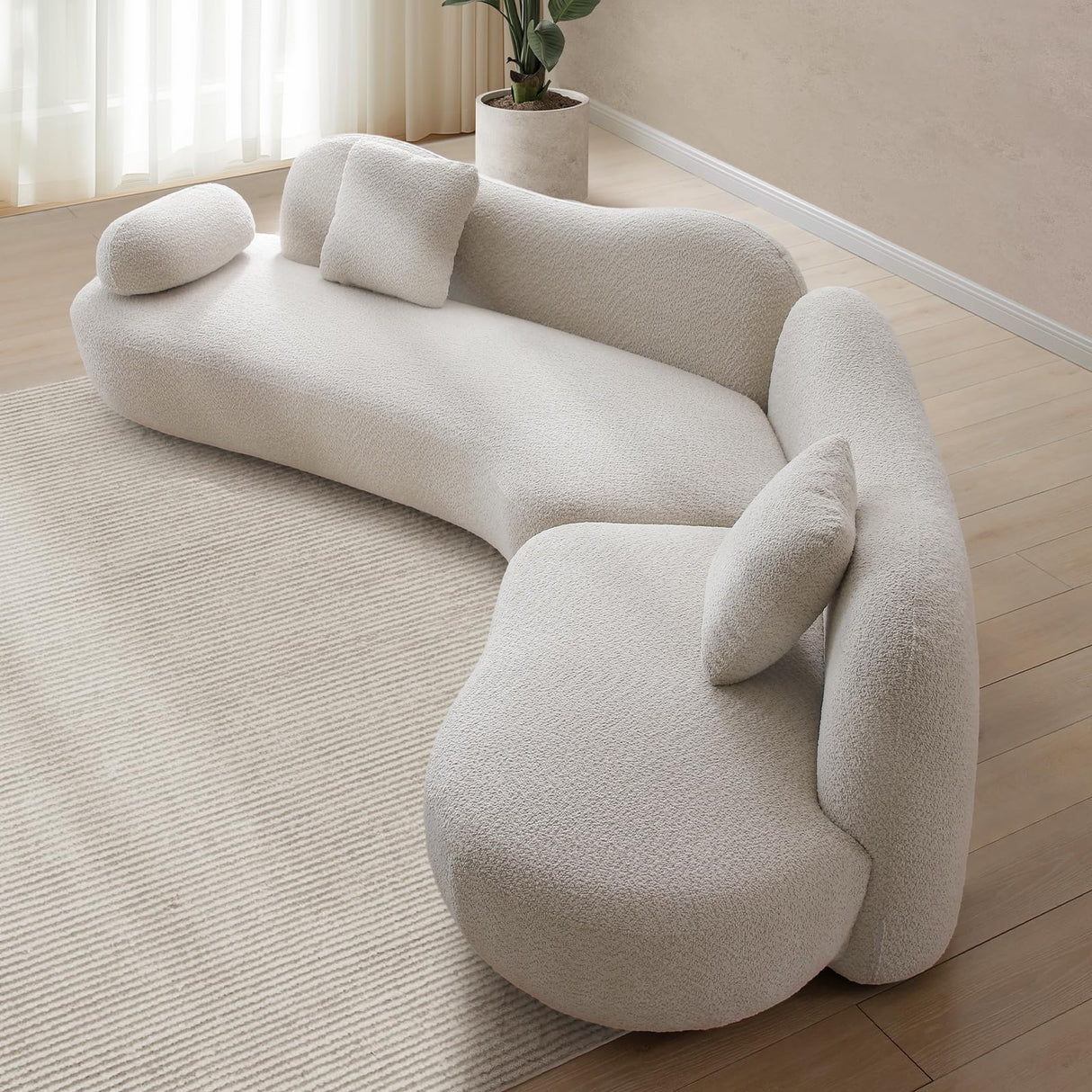 SSC SATISUNCASA 129" Luxury Modern Curved Sofa, Minimalist Comfy Boucle 5 Seater Couch, Crescent Shape Modular Sectional Sofa with Butterfly Backrest, for Living Room, Bedroom, Apartment Home, Beige SSC SATISUNCASA