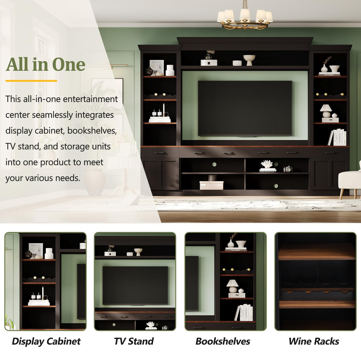 LUMISOL 4-Piece Farmhouse Entertainment Wall Unit Set for TVs up to 70", TV Stand with Bookshelves and 4 Drawers, Large Media Console with Wine Rack and Adjustable Shelves, for Living Room, Black LUMISOL