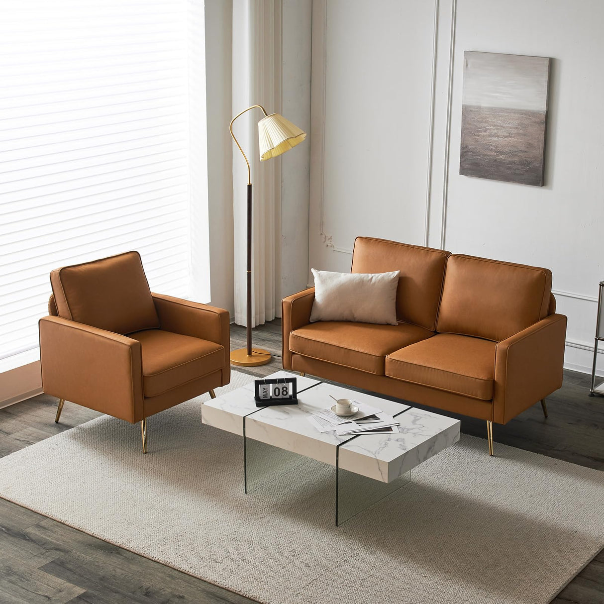 VINGLI 56" Modern PU Leather Loveseat,Small Sofa Couch Deep Seat for Living Room,2-Seater Loveseat Sofa for Bedroom,Apartment,Office,Dorm,Small Space,Cognac VINGLI