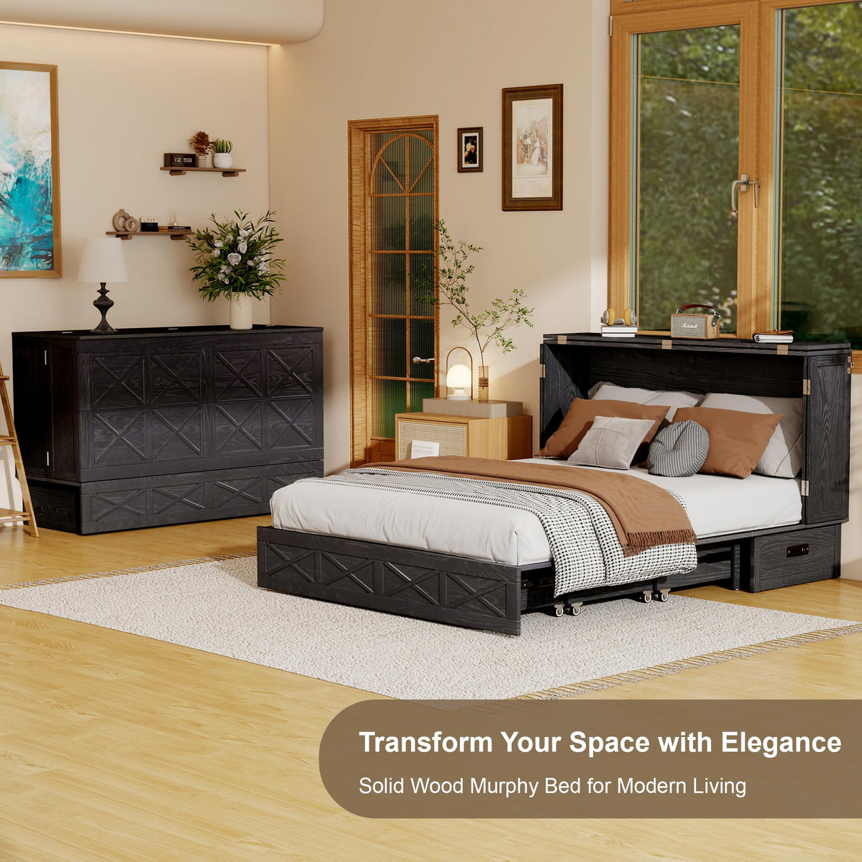 Keloyid Solid Wood Murphy Bed Cabinet:Queen Size Murphy Bed with USB Charging Station and Large Storage Drawer for Home,Optimize Sleeping Space(Mattress Not Included) Retro Brown Black-21 Keloyid