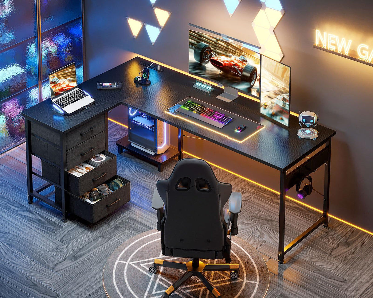 AODK L Shaped Gaming Desk with 4 Drawers, 61" Reversible Home Office Desks with Power Outlets, L Shaped Computer Desk with USB Charging Port and Host Stand, Corner Desk, Easy to Assemble, Black AODK