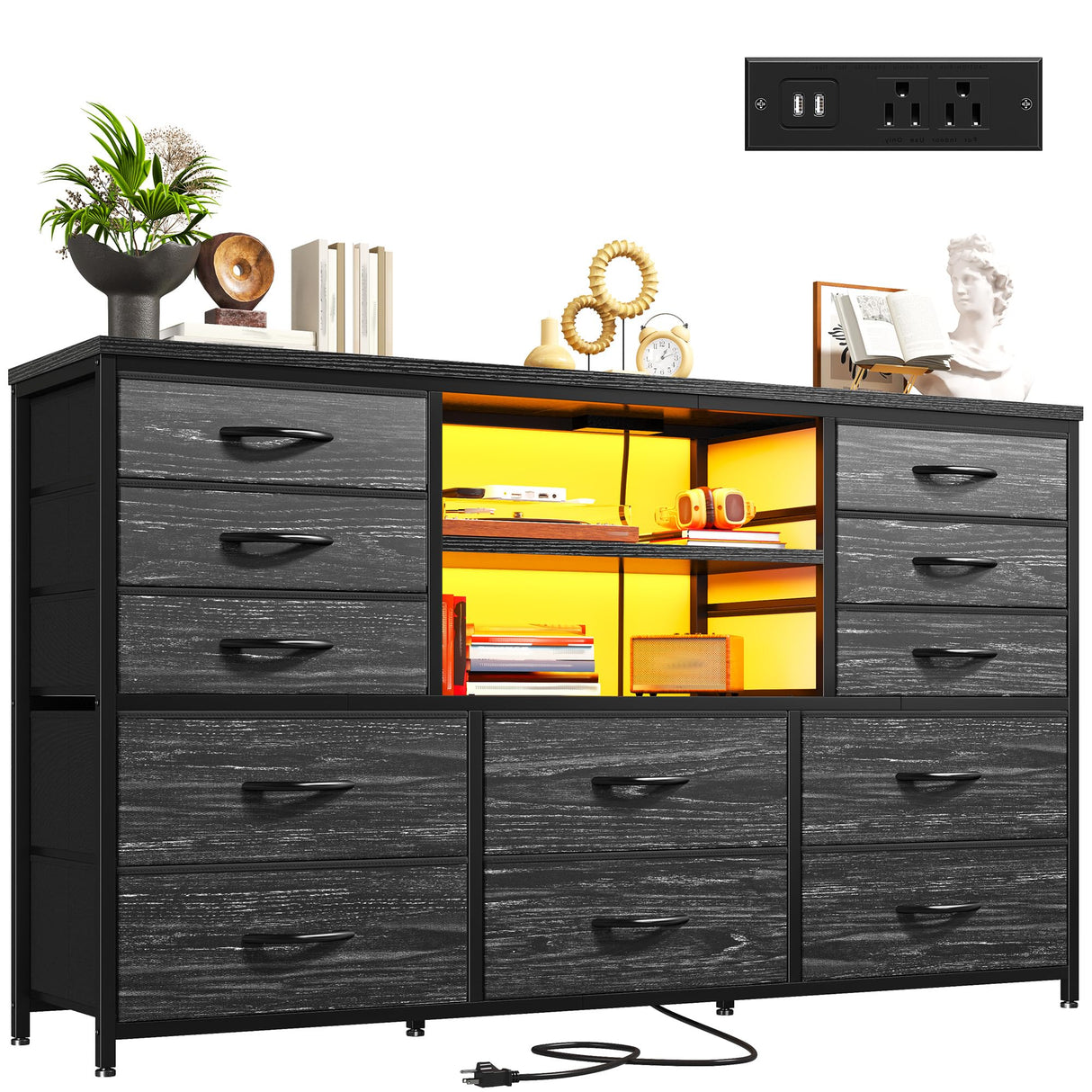 EnHomee Black Dresser with LED Lights & Power Outlets, 12 Drawers Dresser TV Stand for 60''TV for Bedroom Dresser Fabric Dressers & Chest of Drawers, Sturdy Long Dresser for Closet Living Room,Hallway EnHomee