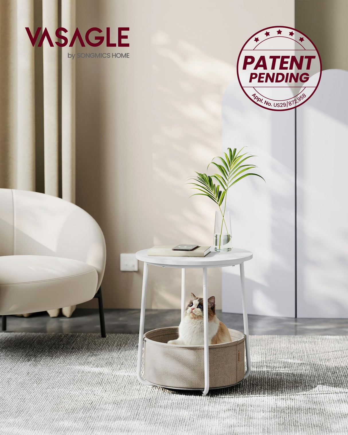 VASAGLE End Table, Small Bedside Table with Fabric Basket, Modern Nightstand, Round Side Table, for Living Room, Bedroom, Matte White and Camel Brown ULET223W10 VASAGLE