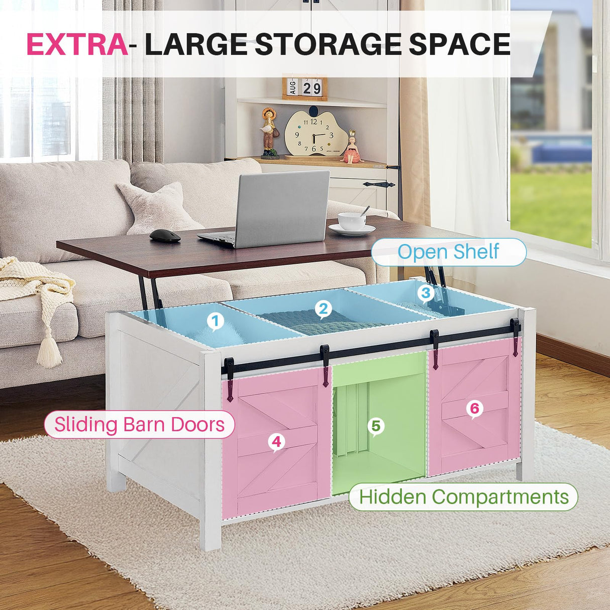 Redlife Lift Top Coffee Table, Coffee Table with Storage, 47" White Coffee Table with Lifting Top, Lifting Tabletop with Sliding Barn Door for Living Room, Office, Farmhouse Coffee Table Redlifeᅟᅠ