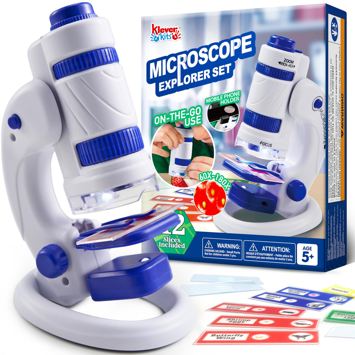 Klever Kits Microscope Explorer Set for Kids, 2 in 1 Science Experiment Toy with Portable Microscope and 12 Specimen Slides, 60X-180X, Educational Toys for Kids Aged 5+ Klever Kits