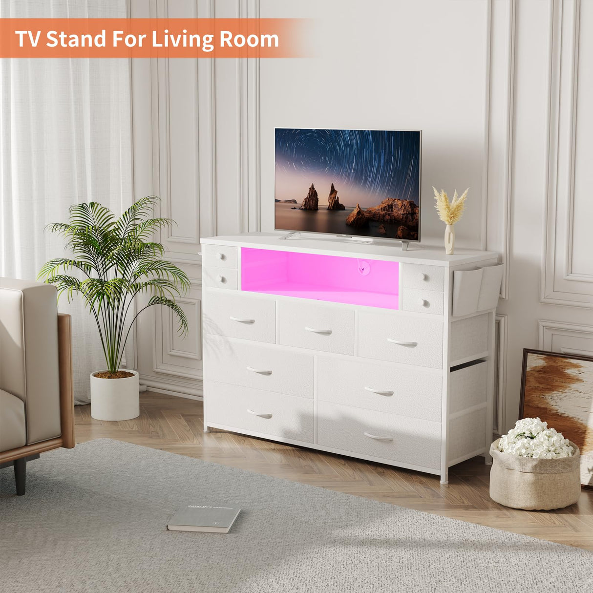 DRAWERHOM Dresser TV Stand with Power Outlets and LED Lights for 55'' TV, 11 Drawers Dresser with Side Pocket, Fabric Chest of Drawers with PU Finish, Sturdy Frame & Wood Top (White) DRAWERHOM