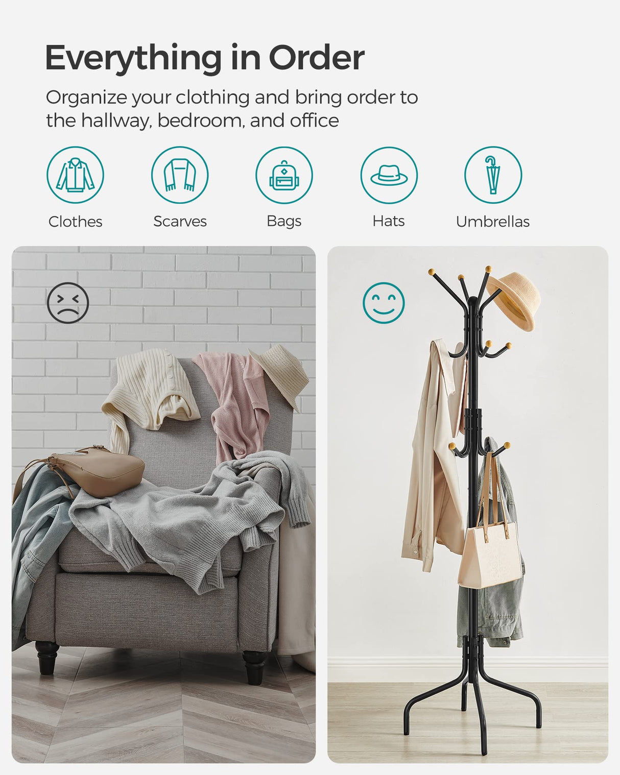 SONGMICS Coat Rack Freestanding, Metal Coat Rack Stand with 12 Hooks and 4 Legs, Coat Tree, Holds Clothes, Hats, and Bags, for Entryway, Living Room, Bedroom, Classic Black URCR031B01 SONGMICS