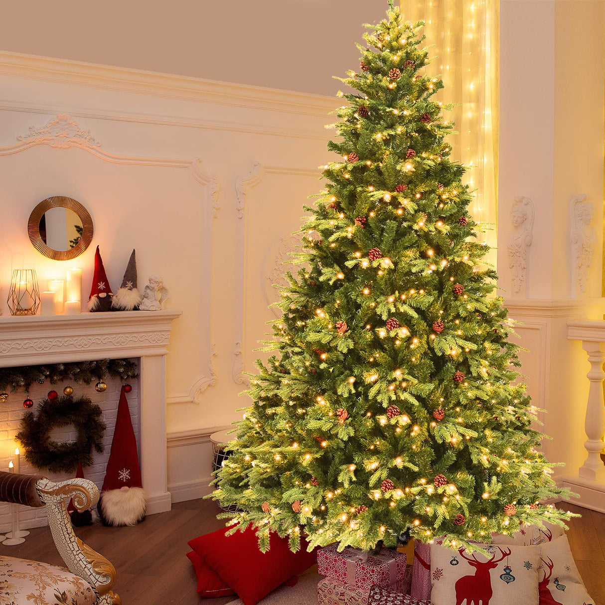 Goplus 8FT Pre-Lit Christmas Tree, Artificial Spruce Hinged Tree w/ 600 LED Lights and Pine Cones, Xmas Tree for Indoor Decor Goplus