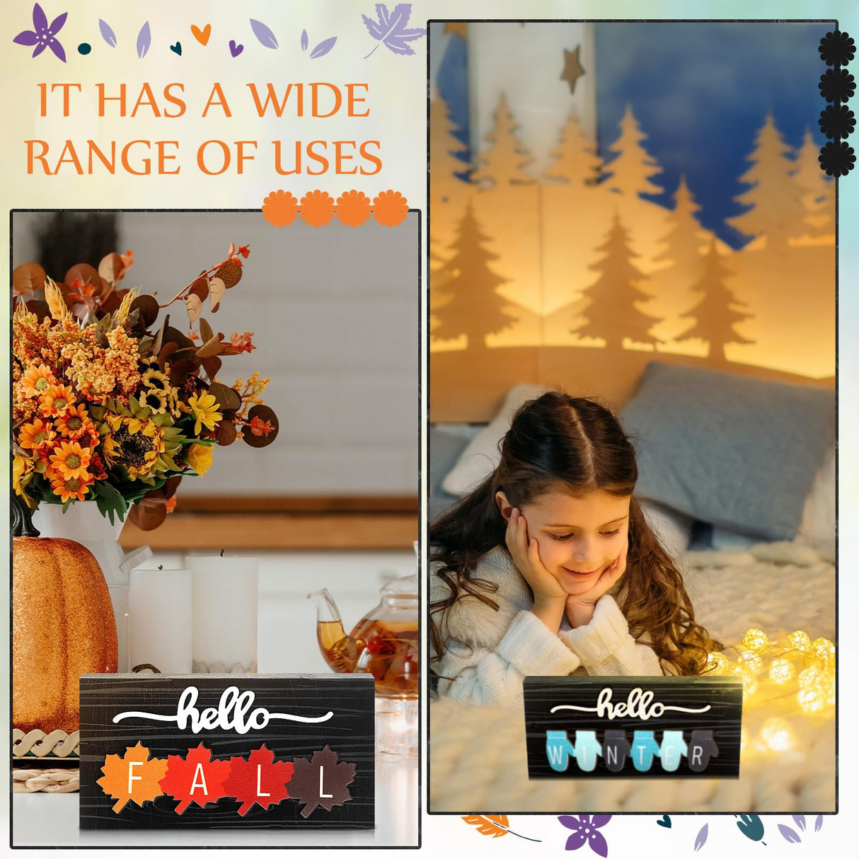 Roowest 5 Pcs Hello Fall Sign Interchangeable Seasonal Sign Spring Summer Winter Tiered Tray Decor 5.9 x 3 Inch Wooden 4 Seasons Farmhouse Table Centerpiece Decoration for Home Shelf Office(Basic) Roowest