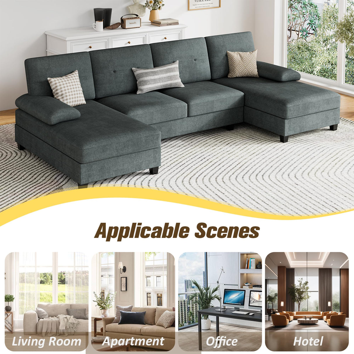 JY QAQA Sectional Couche with Soft Cushion, U-Shaped Sofa with Double Chaise, 4-Seat Linen Fabric Sofa Sets for Living Room, Apartment, Grey JY QAQA PET