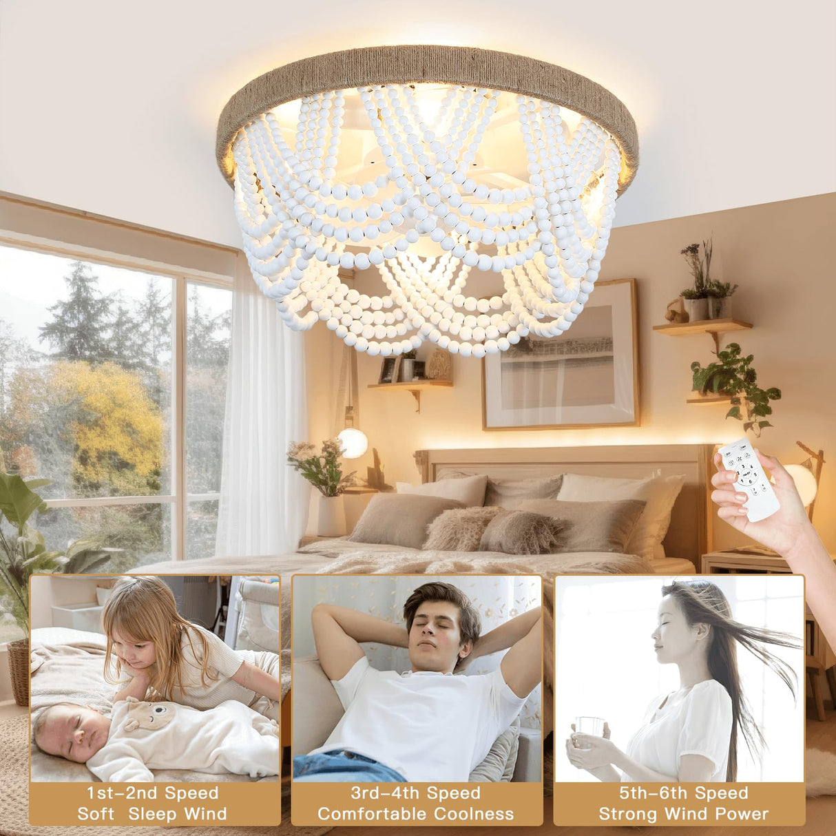 20 Inch Boho Ceiling Fan with Lights, Rustic Flush Mount Beaded Ceiling Fans with Lights and Remote Control, 6-Speed Reversible Bladeless Ceiling Fan for Kitchen, Bedroom, Living Room, Dining POPRHINO