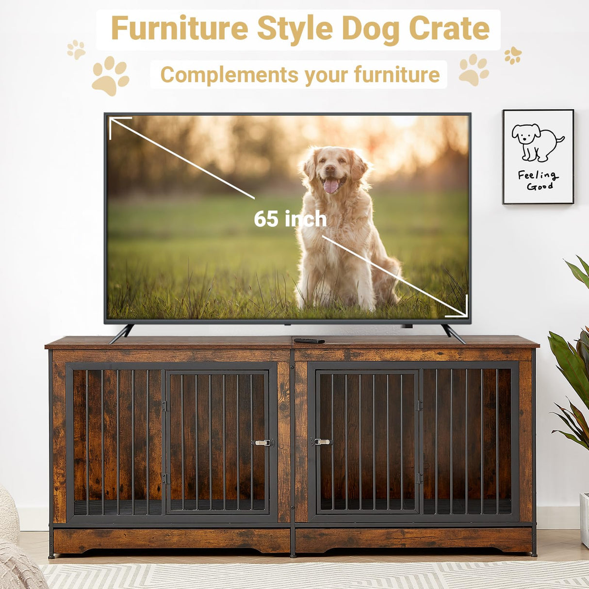 Rovibek 75'' Double Dog Crate Furniture for 2 Large Dogs, Heavy Duty Dog Crate, Furniture Style Dog Crate End Table, Wood Crates for Dogs Kennel Indoor, Decorative Dog Crate with Double Door, Brown Rovibek