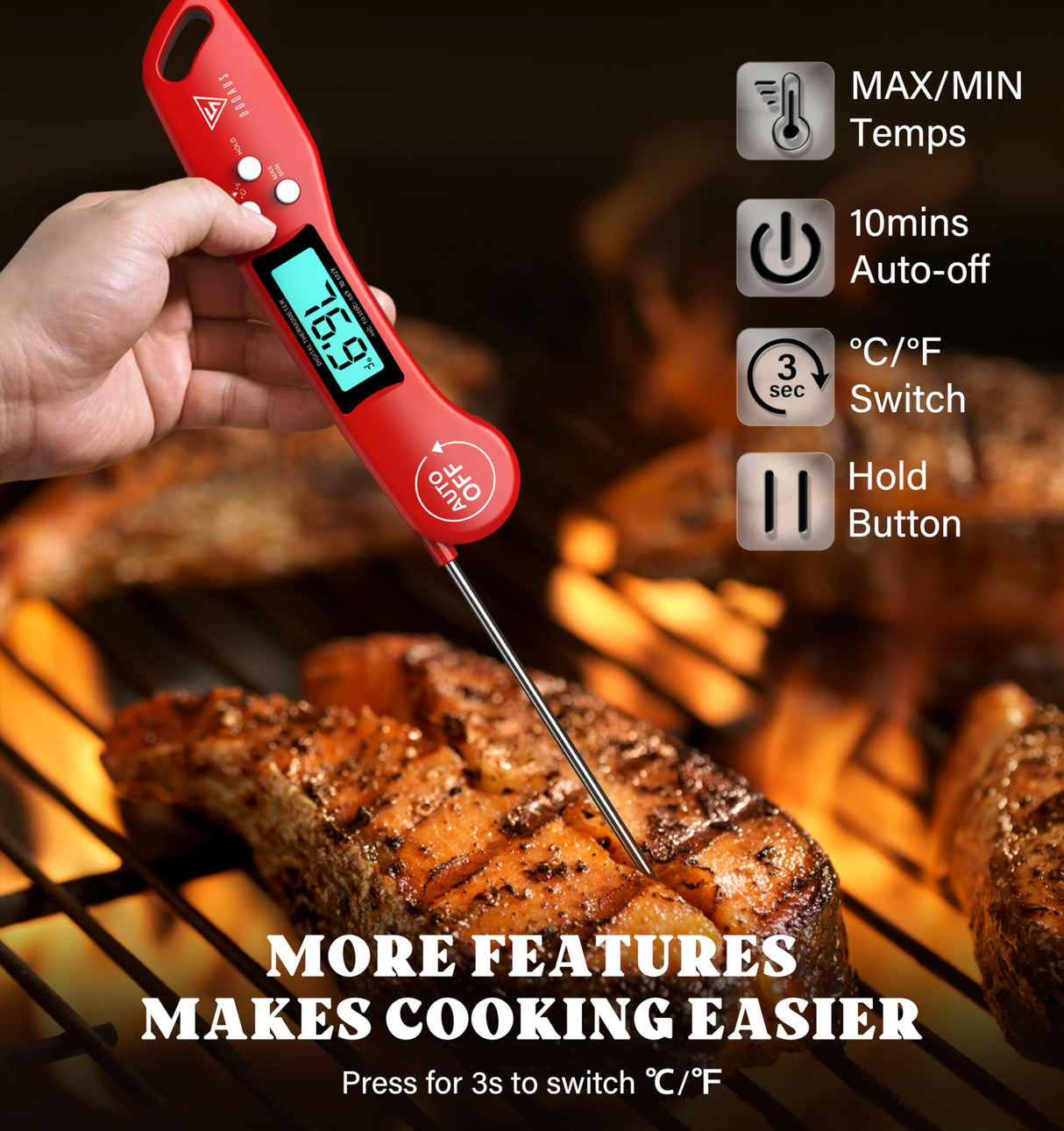 DOQAUS Digital Meat Thermometer, Instant Read Food Thermometers for Cooking, Kitchen Probe with Backlit & Reversible Display, Wide Temperature Range for Turkey, Grill, BBQ, Baking, Bread, Sourdough DOQAUS