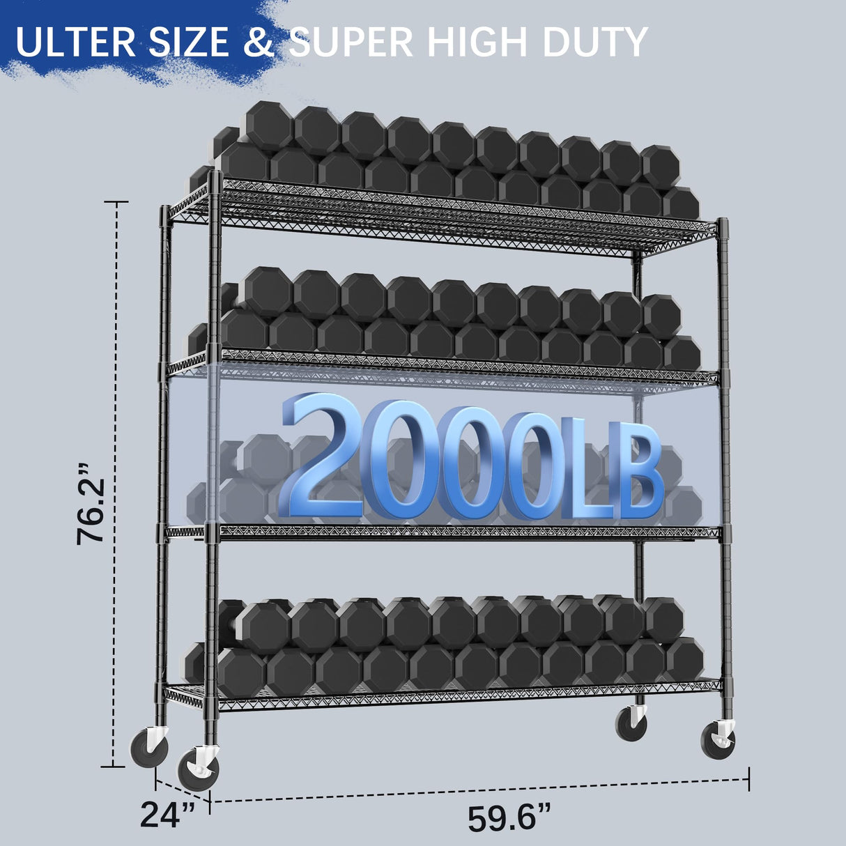 Heavy Duty Shelving, 76.2" H Garage Shelving Unit with Wheels, 4-Tier Garage Storage Shelves Metal Shelves Rack, Adjustable Industrial Shelving for Warehouse Storage, 60" W x 24" D x 76.2" H, Black GIOTORENT
