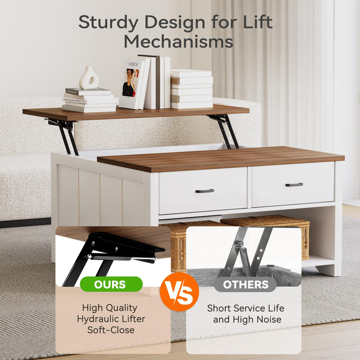 Vividwood Coffee Table Lift Top, Wood Tea Table with Big Open Storage, Square Coffee Tables for Living Room, Farmhouse Coffe Tables Rustic Center Table with 2 Drawers, Coffe White Vividwood