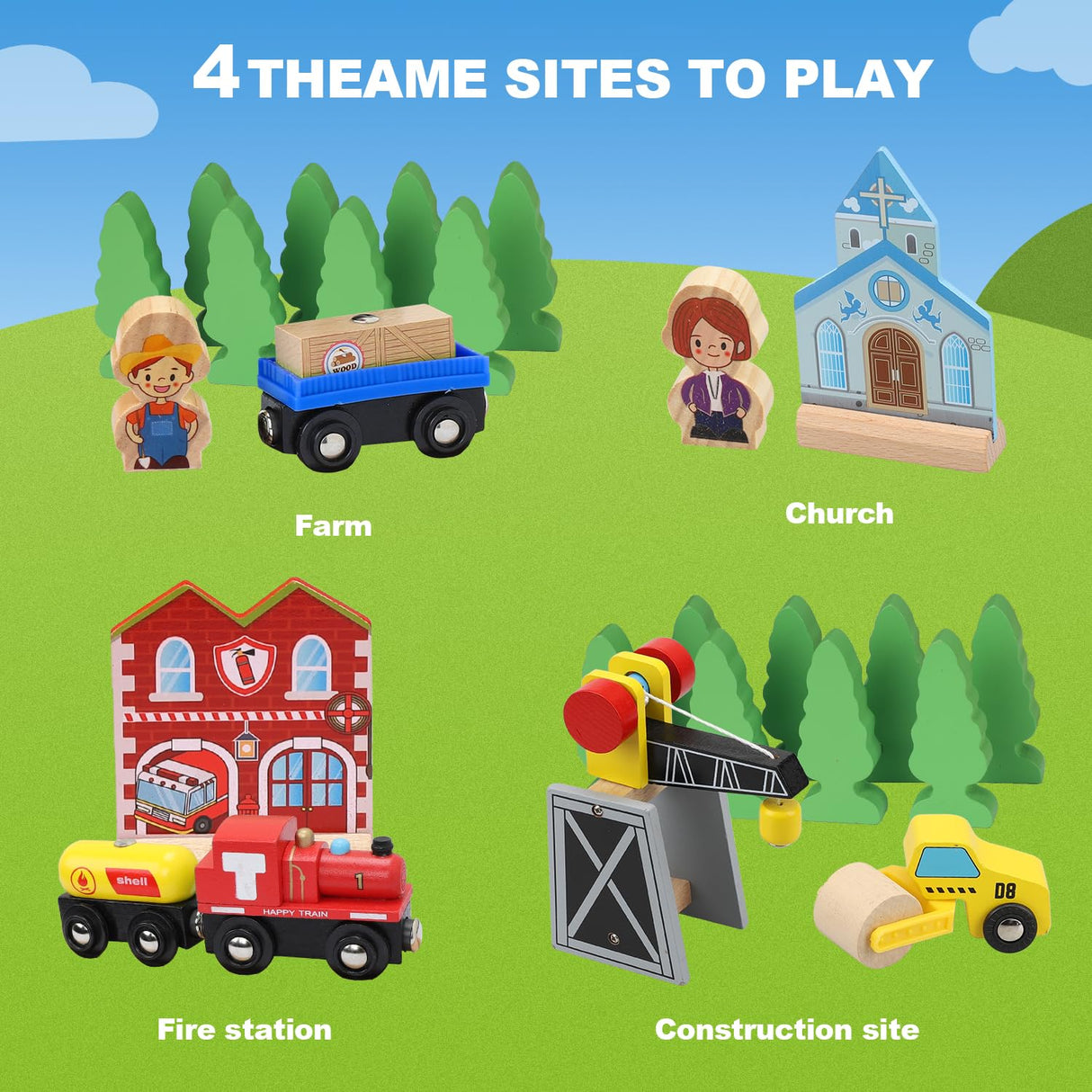 TOY Life Wooden Train Set with Crane Wood Train Tracks 60pcs Toddler Boy Toys for 3 Year Old Boys - Fits Thomas Brio Melisa Chugginton Train Track TOY Life