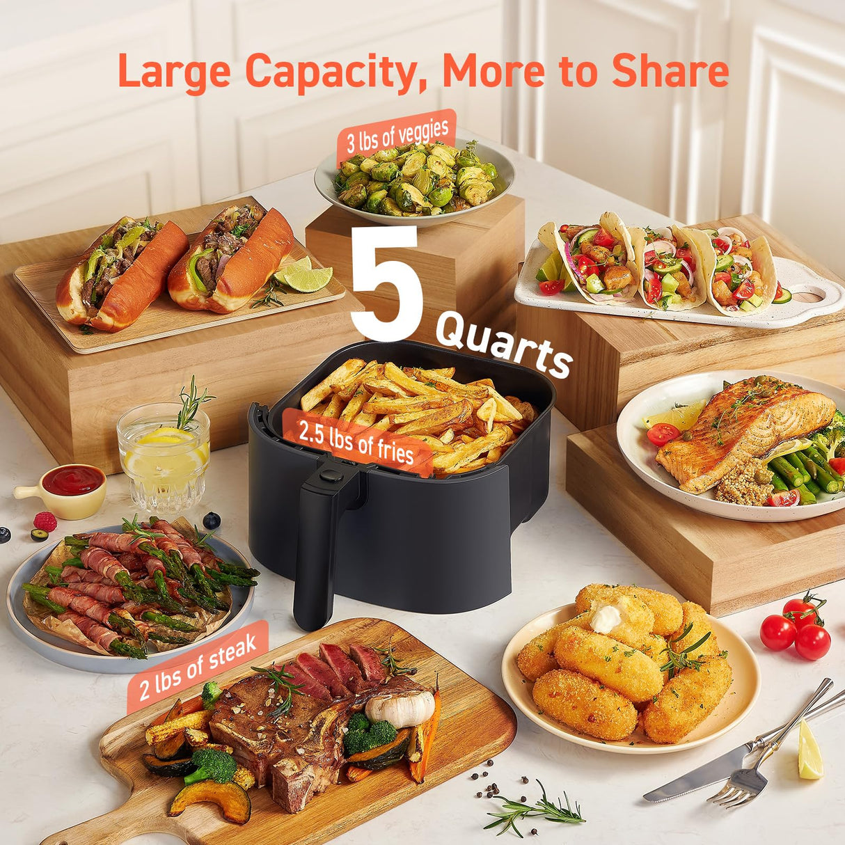 COSORI Air Fryer 9-in-1, Compact 5-Qt, Perect for Meat Enthusiasts with 450ยฐF Max Heat Function, 130+ In-App Recipes, Little to No Oil, Easy Clean Glass Touch Panel & Nonstick Basket, Gray COSORI