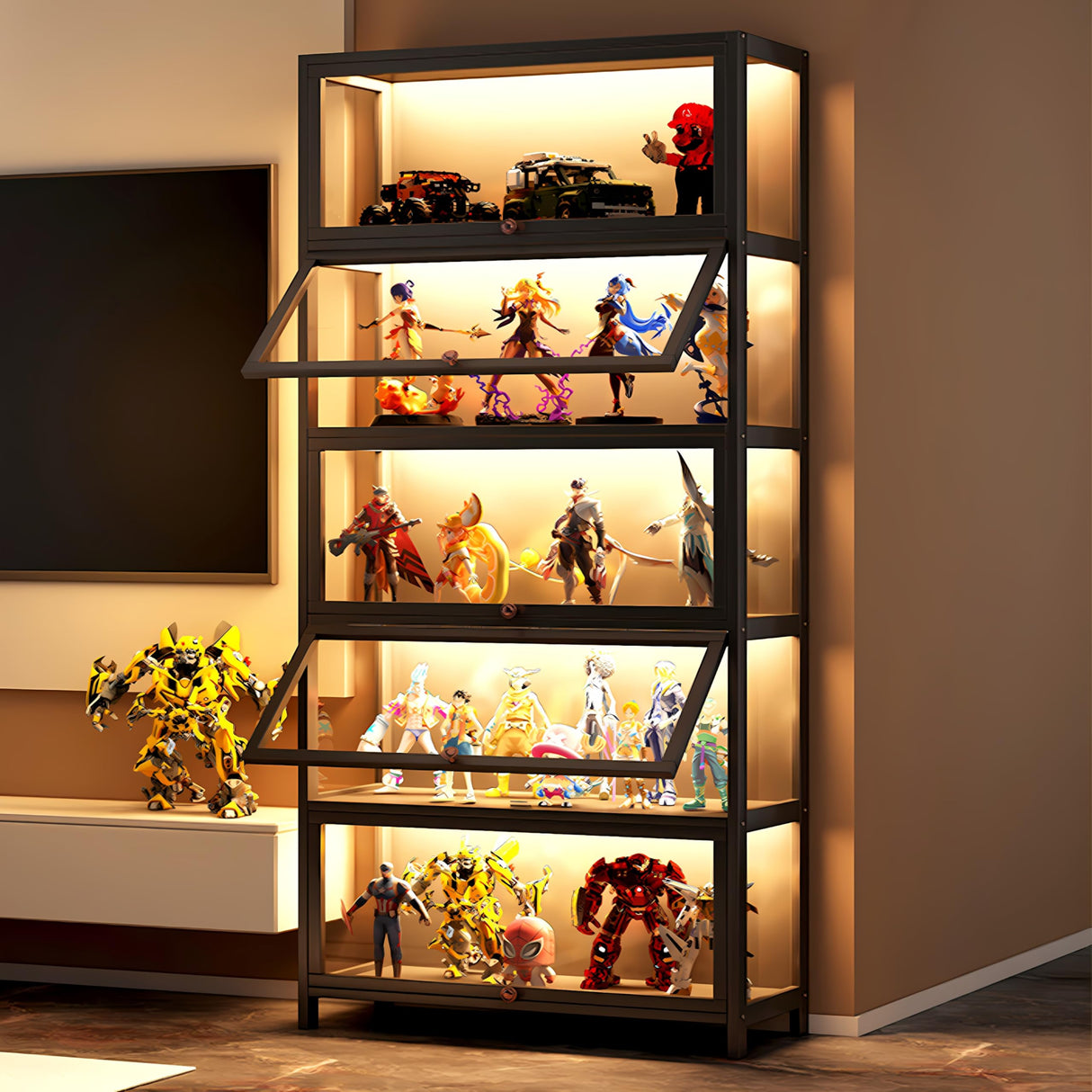 JOIHGA 5 Tier Curio Display Cabinet with Acrylic Glass Door, Large Capacity Storage Cabinet Collectibles Toy Organizers Rack & Display Shelf, Kids Bookshelf and Bookcase for Playroom, Bedroom JOIHGA