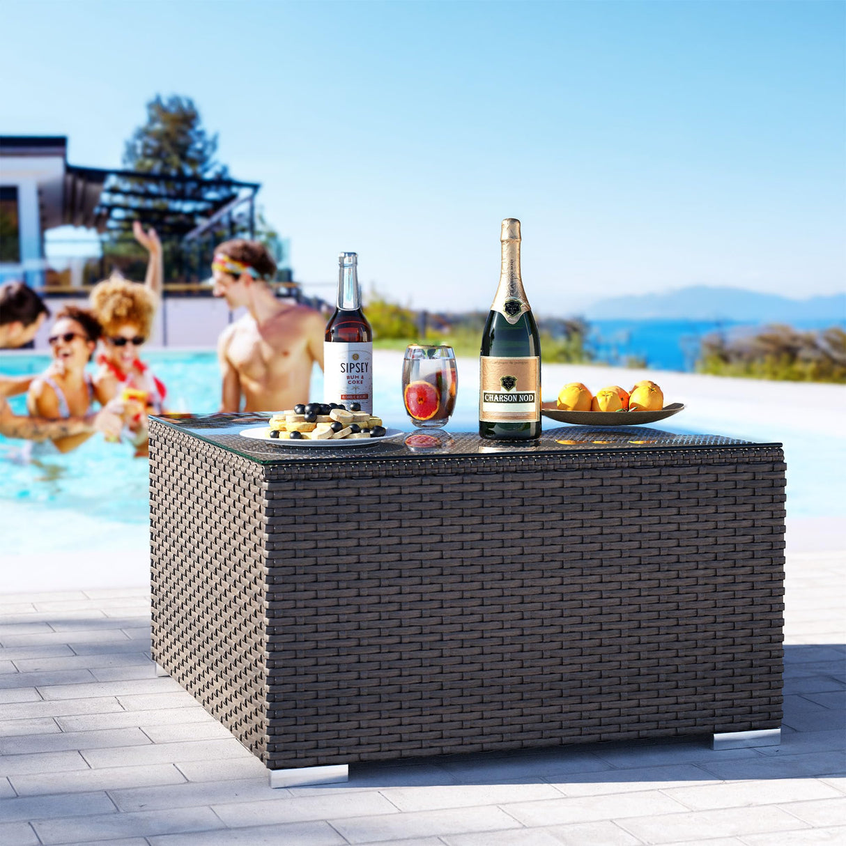 COSIEST Outdoor Furniture Brown Wicker Glass-Top Coffee Table for Expanding Sectional Sofa Set for Garden, Pool, Backyard COSIEST