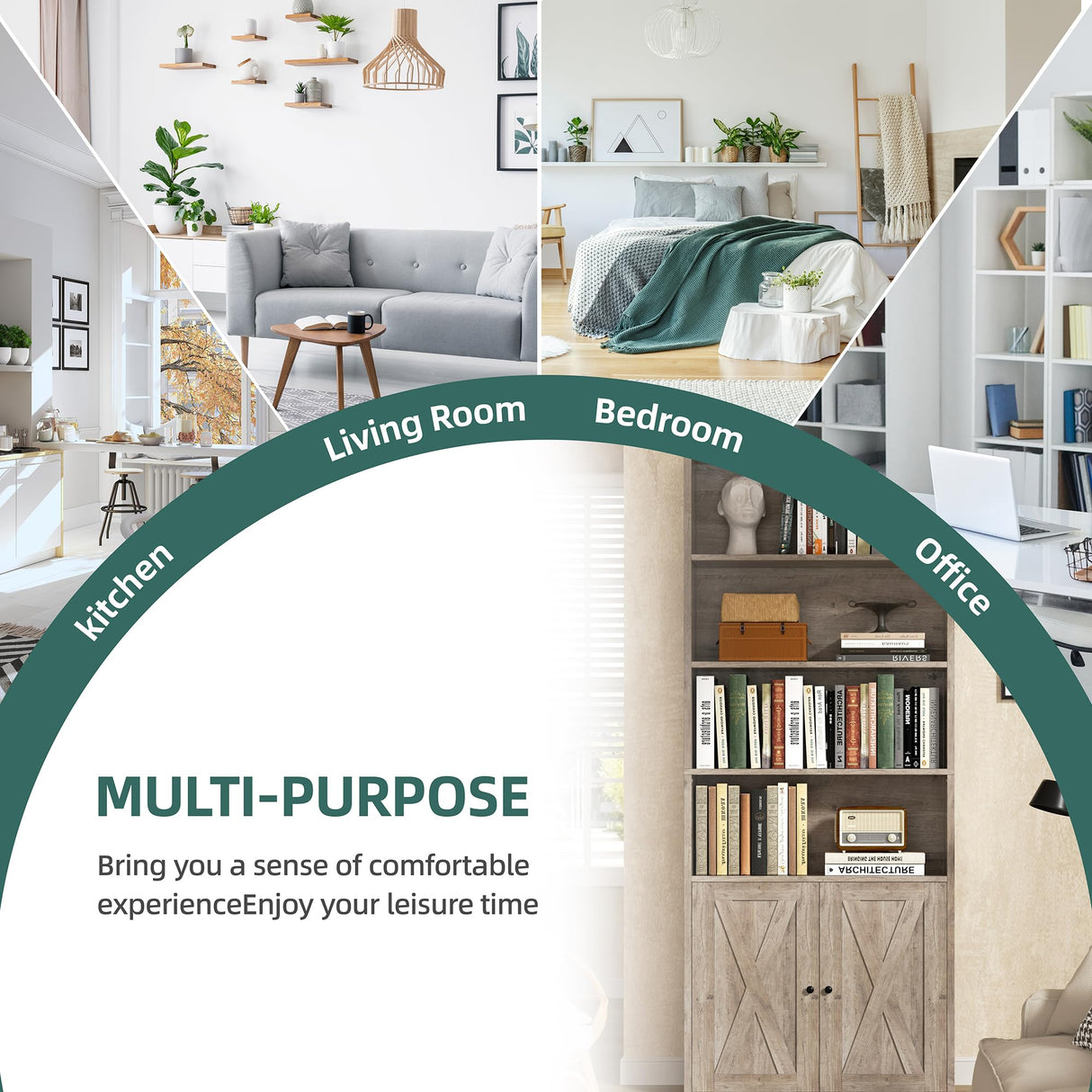 Shintenchi Bookshelf, Industrial Bookshelves and Bookcases with Doors Floor Standing 6 Shelf Display Storage Shelves 70.6 inches Tall Bookcase for Home Office, Living Room (Grey) Shintenchi