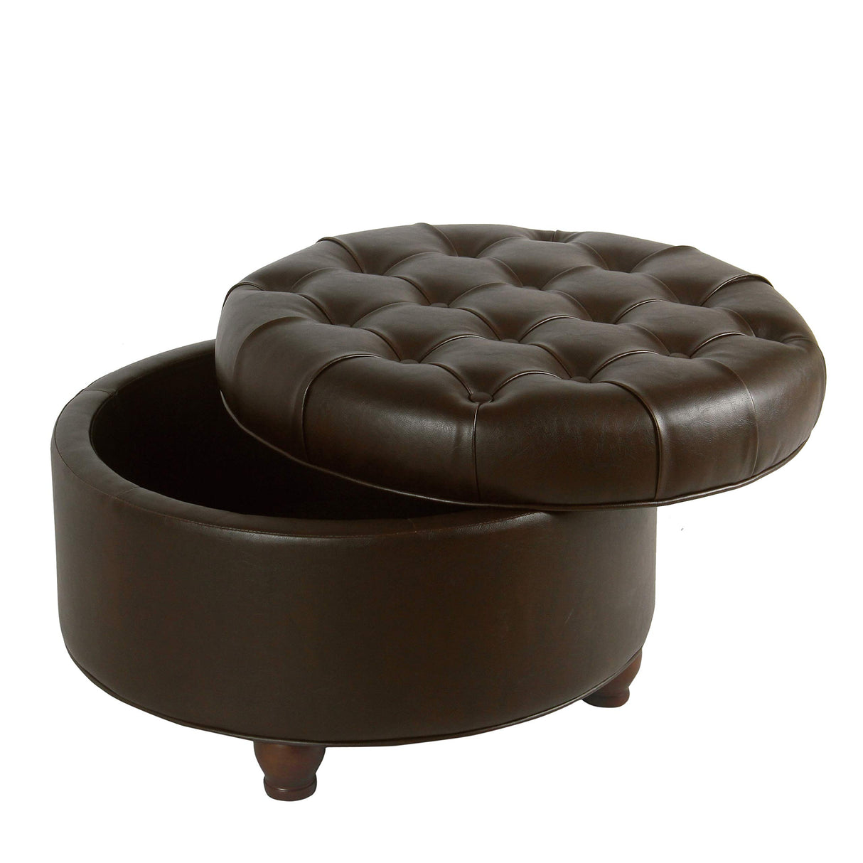 Homepop Home Decor | Button Tufted Faux Leather Round Storage Ottoman | Ottoman with Storage for Living Room & Bedroom (Distressed Brown) HomePop