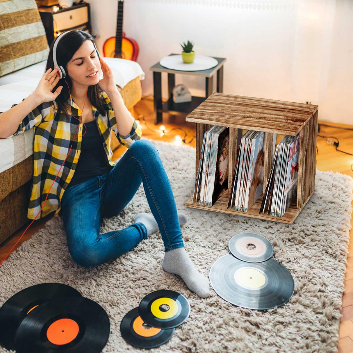 Emfogo Record Player Stand with Vinyl Storage, Turntable Wall Mount for 80-100 Albums, 3-Compartment Holder, Carbonized Black Emfogo