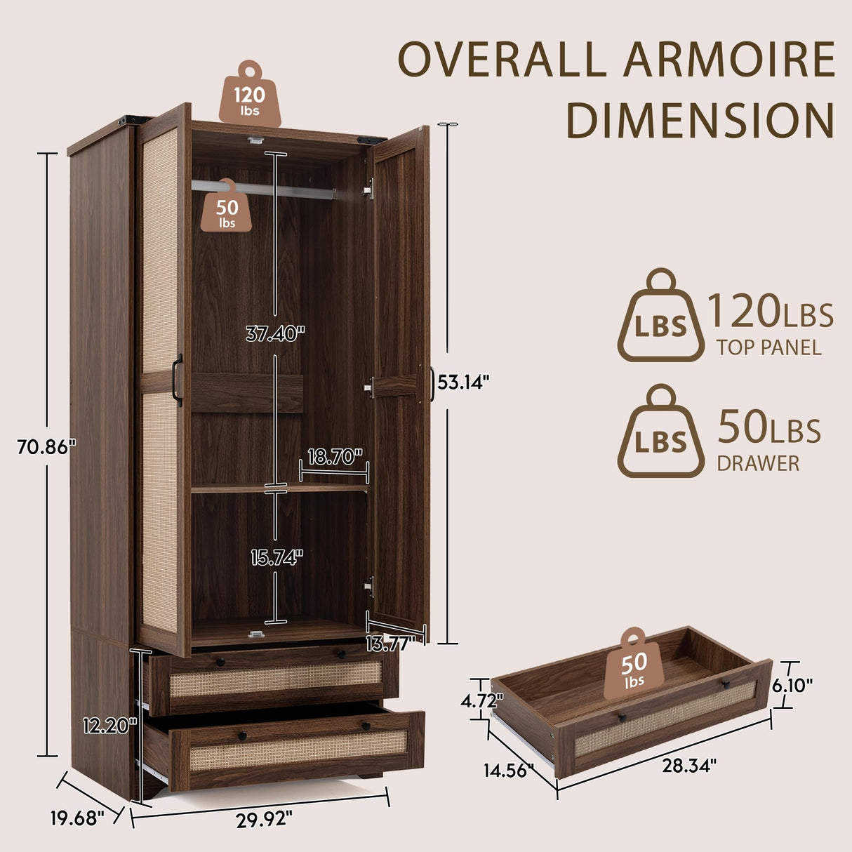 Brafab Armoire Wardrobe Closet with 2 Rattan Doors, 71" Farmhouse Tall Freestanding Coat Closet Wardrobe Cabinet with Drawers and Hanging Rail, Wooden Armoire Storage Cabinet with Shelf for Bedroom Brafab