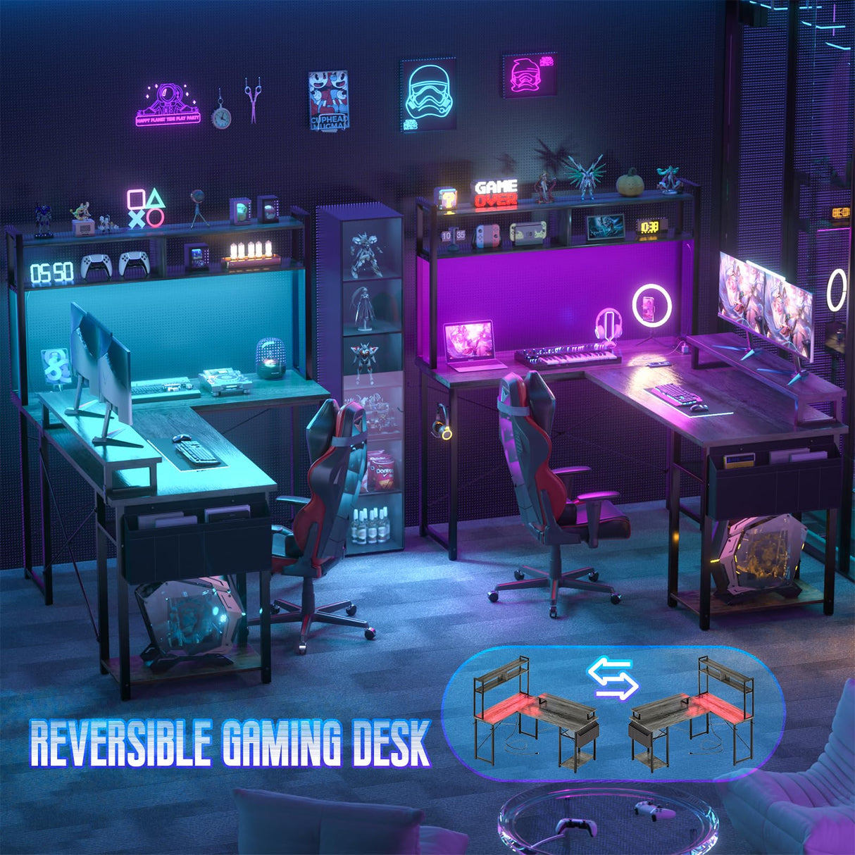 Besiost Small L Shaped Gaming Desk with Power Outlets, 48" Reversible L Shaped LED Computer Desk with Monitor Stand & Storage Shelf, Corner Gamer Desk Home Office Desk with Storage Bag, Black Oak Besiost