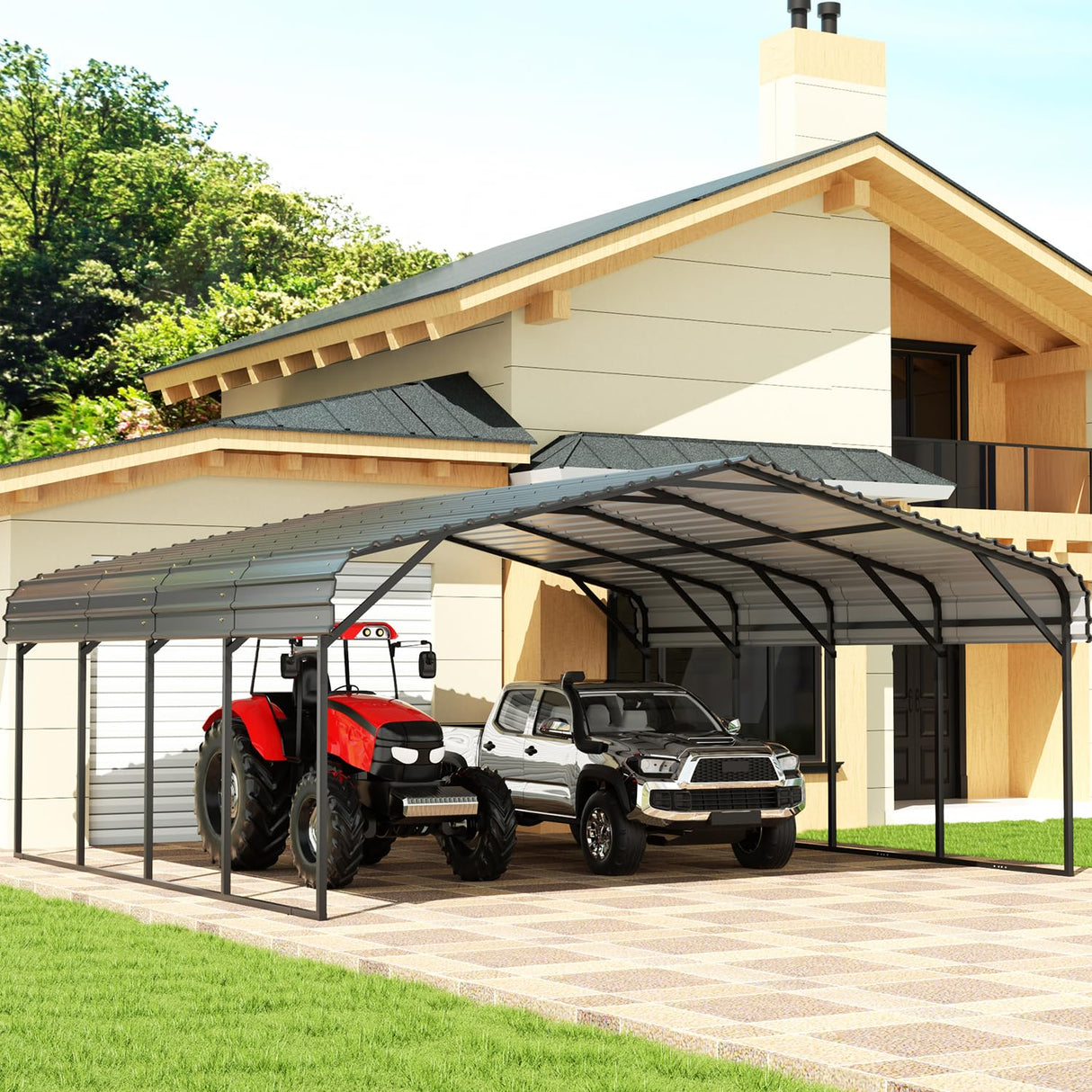 EBE 20' x 20' Metal Carport, Outdoor Heavy Duty Carport with Galvanized Steel Roof and Enhanced Metal Frame Structure, Garage Car Shelter Shade for SUV Trucks and Boats EBE
