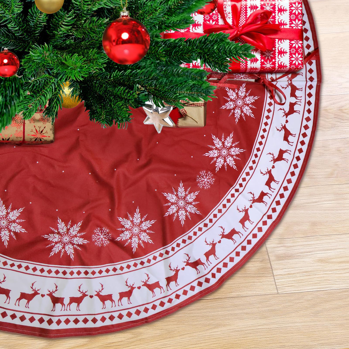 Christmas Tree Skirt 48 inch Large Tree Skirt Snowflake Reindeer Red Xmas Tree Skirt Rustic Christmas Tree Mat Decorations for Winter New Year Holiday Party Decor Indoor Outdoor JXOUYDAD