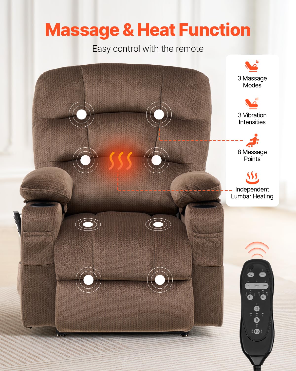 VEVOR Power Lift Recliner Chair, Dual Motor Lift Chair with Heat and Massage for Elderly, 2 Cup Holders and USB Port Infinite Position Adjustment Electric Recliner (Large, Brown) VEVOR