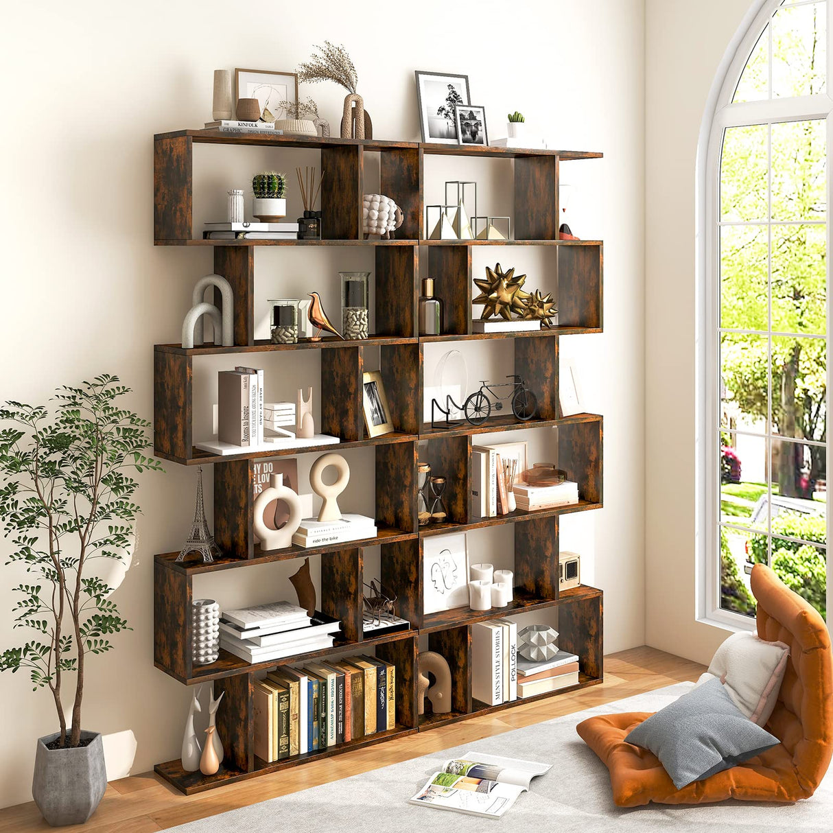 Tangkula 6-Tier Geometric Bookcase, Modern S-Shaped Storage Display Bookshelf for Living Room, Anti-Toppling Device, Home Office Wooden 6 Shelf Open Bookcase (2, Coffee) Tangkula