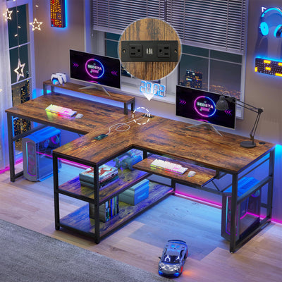 SEDETA 94.5" Office Computer Desk, 2 Person Gaming Desk with Storage, LED Lights, Keyboard Tray, Power Strip with USB & Monitor Stand, Long Two Person Desk for Home Office, Black