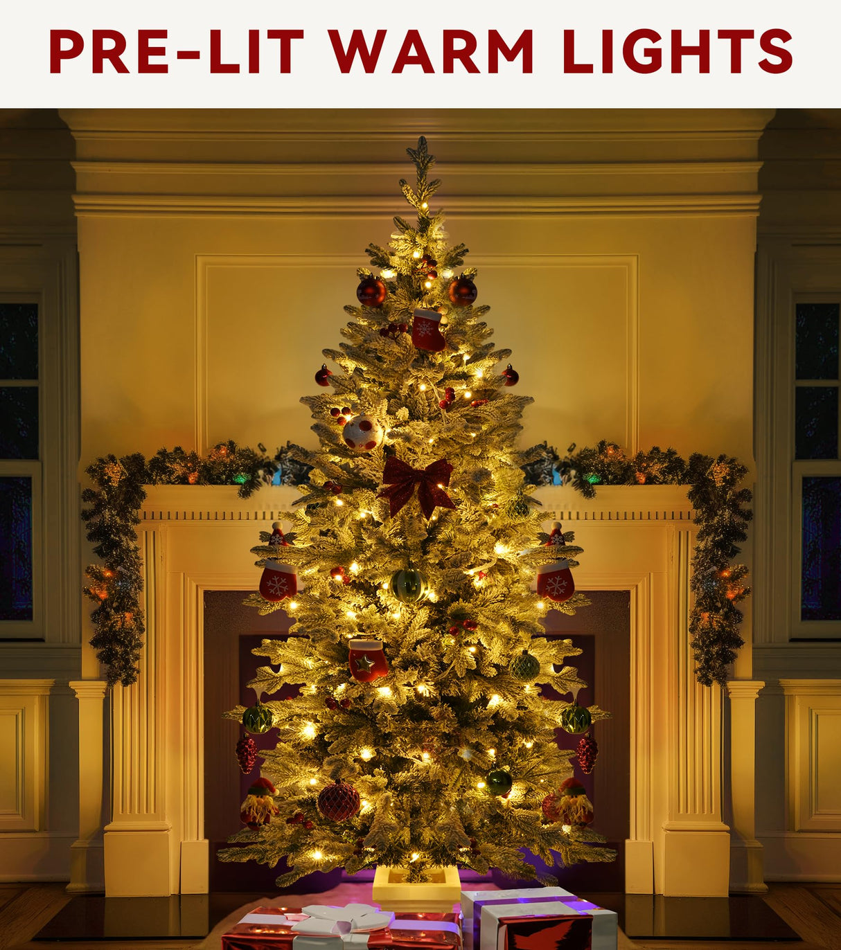 DWVO 4.5 FT Potted Slim Pre-lit Flocked Arctic Fir Pencil Tree, Potted Christmas Tree with 11 Red Hollies, 358 PE & PVC Branch Tips, and 100 Lights for Home and Office Decor DWVO