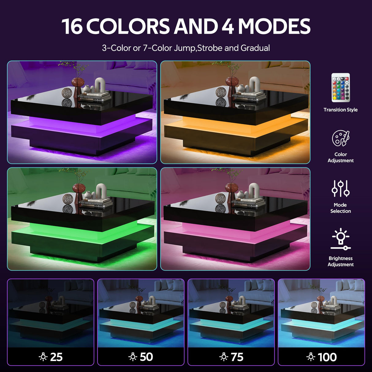LED Coffee Table for Living Room, 2 Tier Modern Square Middle Center Table, Unique High Gloss Coffee Table with 16 Colors LED Lights & Remote Control, for Home Party Office Reception Room, Black GlowSpark