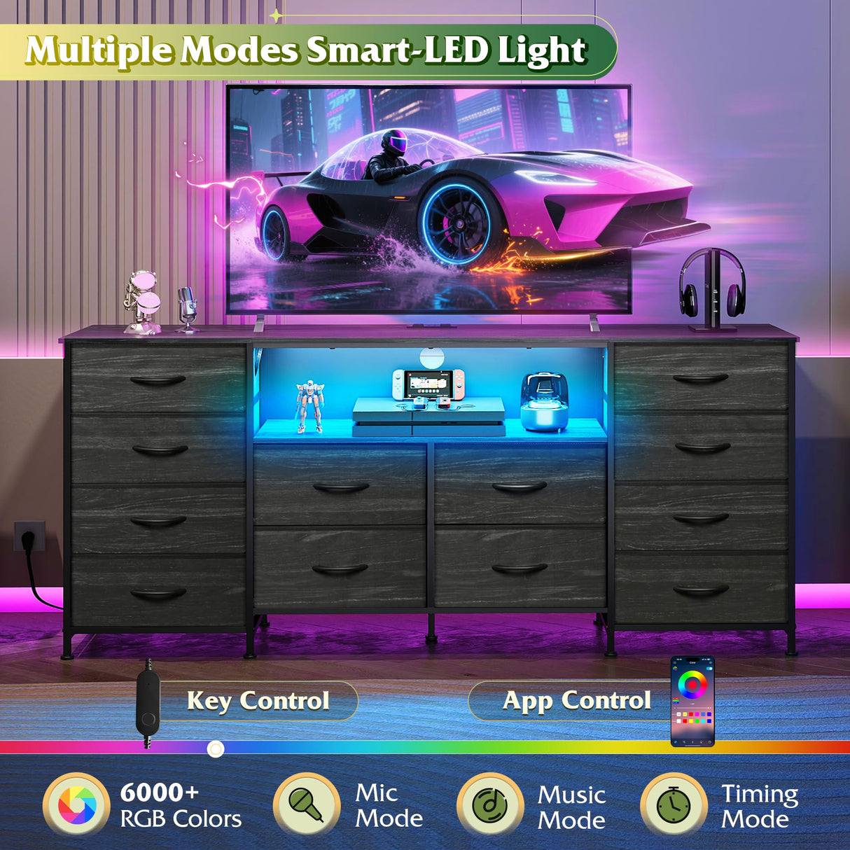 WLIVE 12 Drawer Dresser for Bedroom, Black Dresser TV Stand for 65, 70, 75 inch TV with Led Light & Charging Station, Wide Chest of Drawers with Open Shelves, Fabric Dressers for Closet, Living Room WLIVE